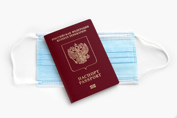 Russian passport on mask on white background