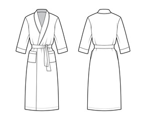 Bathrobe Dressing gown technical fashion illustration with wrap opening, knee length, oversized, tie, pocket, elbow sleeves. Flat apparel front back, white color style. Women, men, unisex CAD mockup