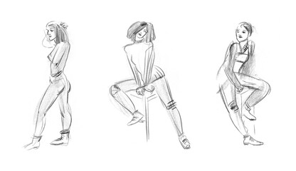 Quick Sketches from Life with different graphic materials sepia, sanguine, charcoal pencil 