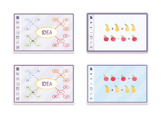 Interactive white board, smartboard set for learning, presentation. Office, school equipment for small group meetings, round-tables. Vector flat style cartoon illustration isolated on white background