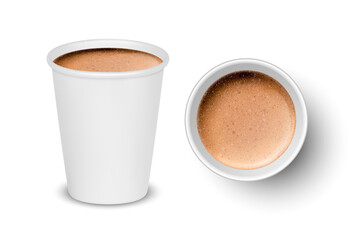 Vector 3d Realistic Paper White Disposable Cup Set Isolated with Milk Coffee Foam Isolated. Latte, Capuccino. Stock Vector Illustration. Design Template. Top and Front View