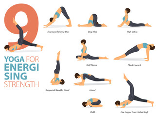 9 Yoga poses or asana posture for workout in Energising Strength concept. Women exercising for body stretching. Fitness infographic. Flat cartoon vector