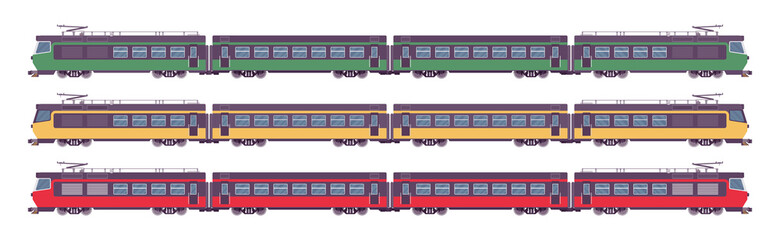 Passenger electric trains set, rail transport lines journey. Bright locomotive, green, yellow, red color, travel and transportation. Vector flat style cartoon illustration isolated on white background