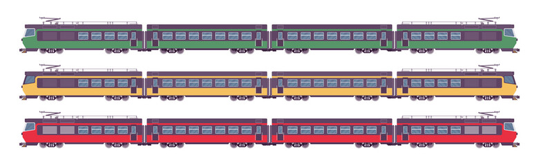 Passenger electric trains set, rail transport lines journey. Bright locomotive, green, yellow, red color, travel and transportation. Vector flat style cartoon illustration isolated on white background