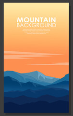 Landscape with blue mountains on orange evening sky. Huge mountain range in twilight. Mountaineering handdrawn flyer. Typography poster of high rocky mountains. Vector illustration.