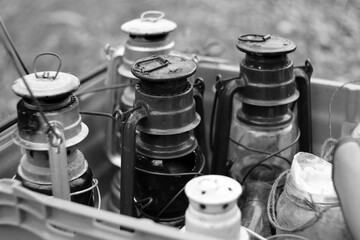 Monochrome close up image of lanterns.