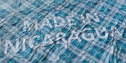 MADE IN NICARAGUA words printed on a cloth, national textile production conceptual 3d rendering