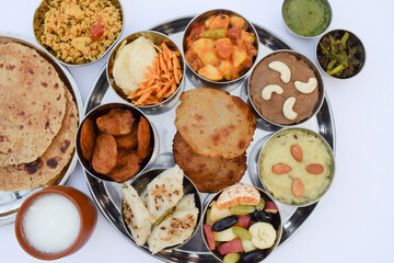 Indian Fasting cuisine Upwas items Thali complere meal for vrat ekadashi.Upawas thali meal with...