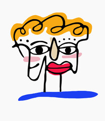 Abstract surreal illustrated face of geometric shapes painted in pop colors.Isolated on a white background