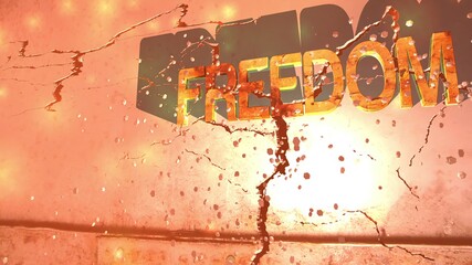 Grunge freedom text on the wall 3d illustration