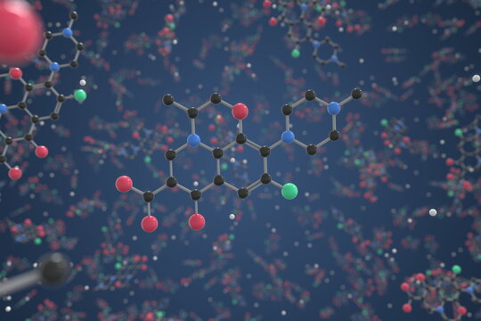 Molecule of Ofloxacin. Molecular model, science related 3d rendering