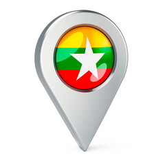 Map pointer with flag of Myanmar, 3D rendering