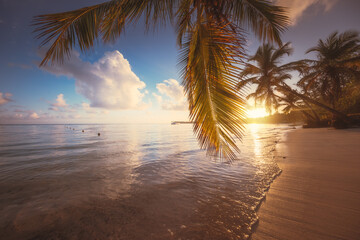 Landscape of paradise tropical island beach, sunrise shot