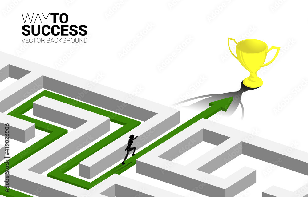 Aufkleber Silhouette of Businessman run on Arrow with route path to exit the maze to golden trophy. Business concept for problem solving and solution strategy