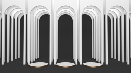  Three gold podiums. White round arches interior on a black background. 3d render. Round stands.