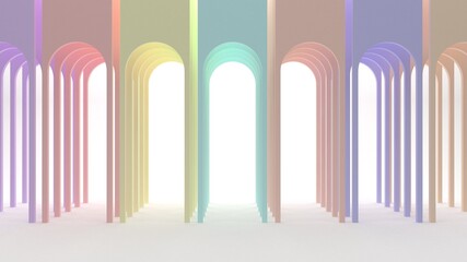 Round colored arches. A room with colored walls. Rainbow interior. Pastel colors. 3d render.
