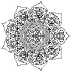 folk style abstract flowers and ornaments forming a mandala drawn for coloring on a white background, vector, coloring book pages