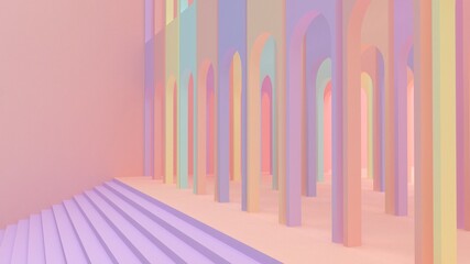 Round colored arches. A room with colored walls. Rainbow interior. Pastel colors. 3d render.