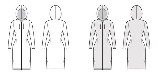 Zip-up Hoody dress technical fashion illustration with long sleeves, knee length, fitted body, Pencil fullness. Flat apparel template front, back, white, grey color style. Women, men unisex CAD mockup