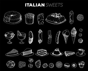 italian pastries vector illustration. Italian food hand drawn sketch. Sweet menu. Baking collection. Vintage design template. Desserts. Bakery cooking sketch illustration. Italian cuisine.