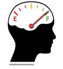 Head with brain, speed meter and red indicator. Creative business concept vector for use in brainstorming, intelligence, psychology and mental health design projects and presentations.