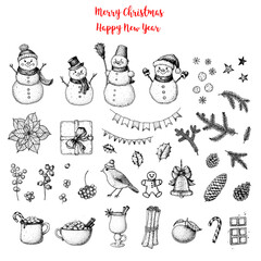 Christmas hand drawn elements for xmas design. Collection with toys, candy, candles, mistletoe, holly berries, mulled wine, snowman. Vintage Xmas design set. New year vector illustration