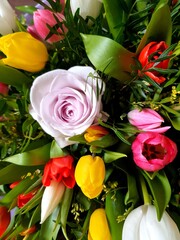 bunch of flowers, tulips, roses, birthday