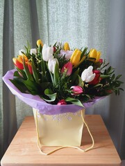 bouquet of tulips, green, flowers box