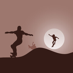 three skateboarders jumping on a ramp in the evening with brown gradient shade background illustration vector. © a3701027