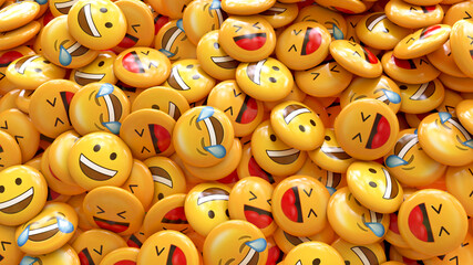 3d rendering of a bunch of yellow emojis laughing and smiling - obrazy, fototapety, plakaty