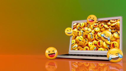 3d rendering of a bunch of yellow emojis laughing and smiling emerging from a notebook's screen