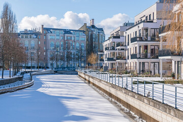 Frozen Harbor basin Tegeler Hafen in Berlin, Germany