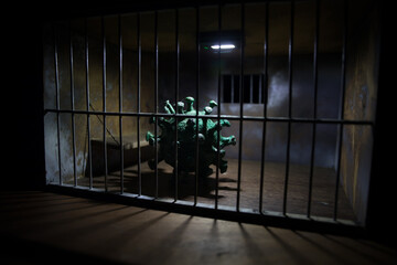 Prison or jail cell wall with window with bars, exterior perspective, COVID-19 corona virus disease...