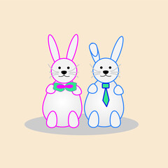two kawaii style easter bunnies isolated on a trendy beige background, greeting card design template, banner