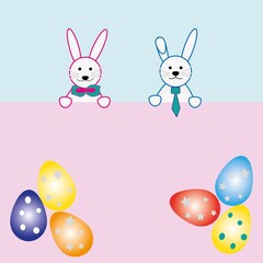 Fototapeta na wymiar two kawaii style easter bunnies and beautiful colorful eggs with space for your text, greeting card design template, banner