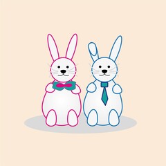 two kawaii style easter bunnies isolated on a trendy beige background, greeting card design template, banner