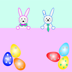two kawaii style easter bunnies and beautiful colorful eggs with space for your text, greeting card design template, banner