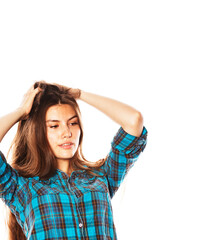 young pretty woman posing on white background isolated emotional hipster student thinking smiling