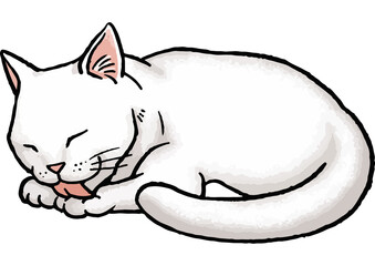 【手描きベクター動物イラスト素材】毛づくろいをしている白猫のイラスト
