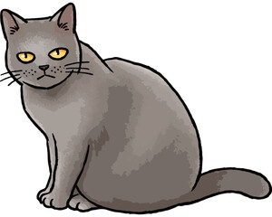 【手描きベクター動物イラスト素材】座っているグレーの猫のイラスト