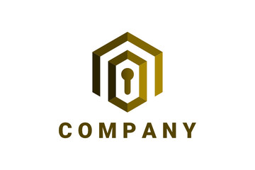 Hexagon flat vector logo for real estate, building construction and general business with home, keyhole and shields illustration in golden color light background.