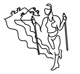 One line drawing of nordic walking.
One continuous line drawing of middle-aged woman training on beach.
