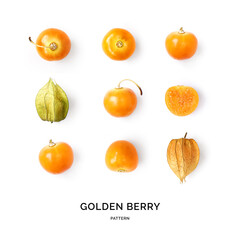 Seamless pattern with golden berry. Fruits abstract background. Golden berry on the white background.