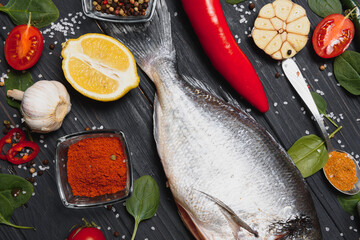 Raw fish cooking and ingredients. Dorado, lemon, herbs and spices. Top view with copy space on table