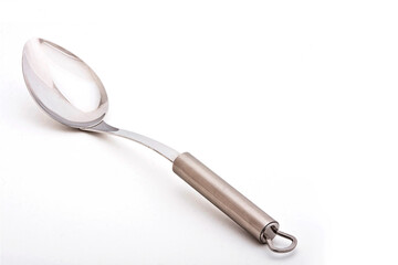 Kitchen spoon or metallic serving spoon, kitchen utensil isolated on white background with space for text