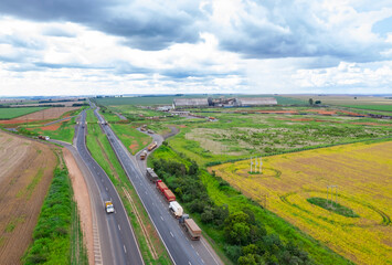 Row of trucks in dry port for the outflow of the agricultural crop in the Midwest in Goiânia, Brazil