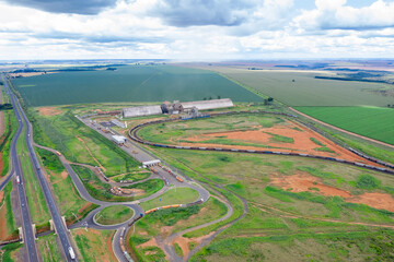 Row of trucks in dry port for the outflow of the agricultural crop in the Midwest in Goi&acirc;nia, Brazil