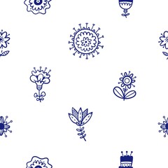 Seamless pattern with different flowers on  white background. Vector print with herbs. Botanical doodle wallpaper.