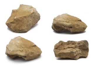 Set of cliff stones isolated on white background with soft shadows. Clipping path, graphic resources for projects or digital painting and nature concept. Horizontal shot. 
