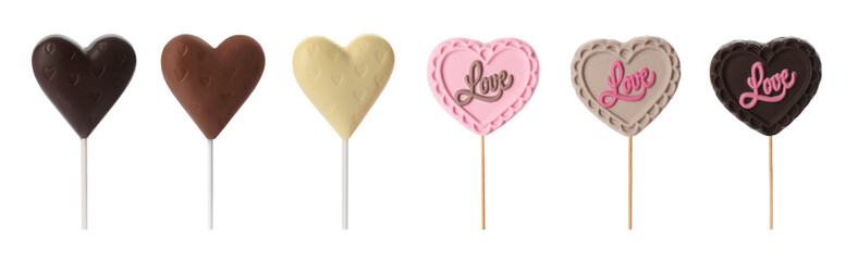 Set with heart shaped lollipops made of chocolate on white background, banner design - Powered by Adobe